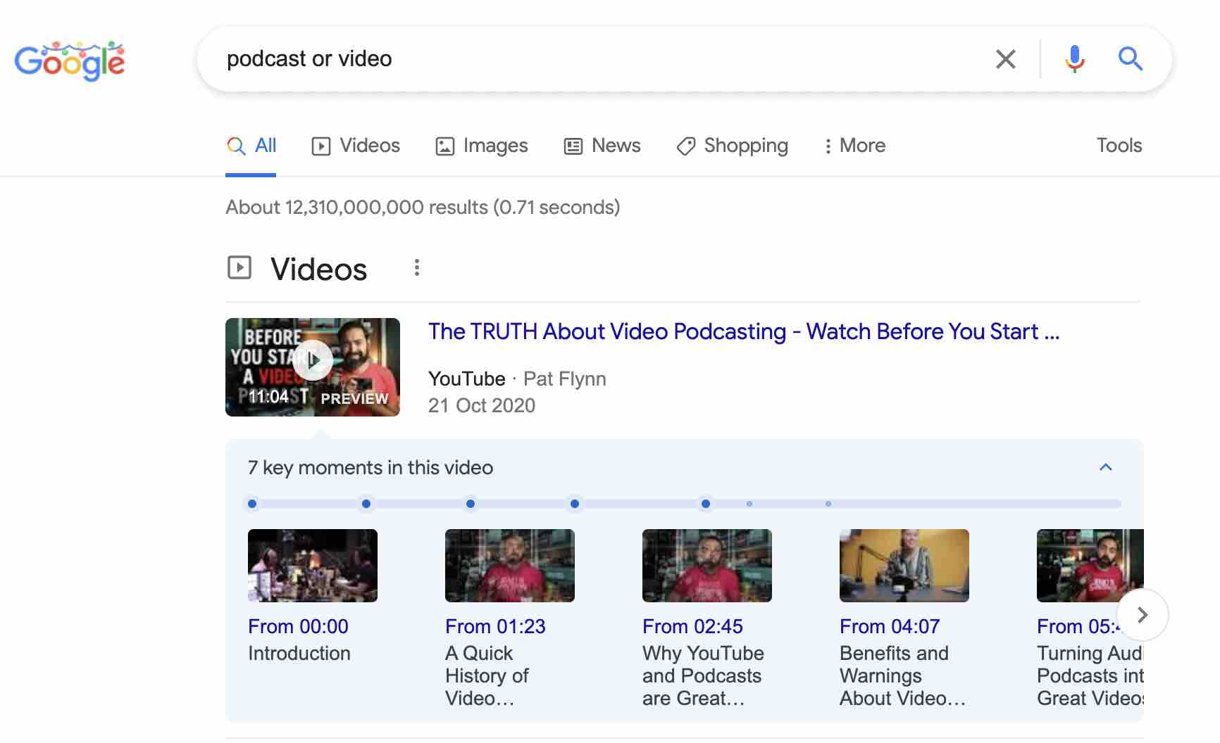 A shot of Google search results for the term 'podcast or video'.