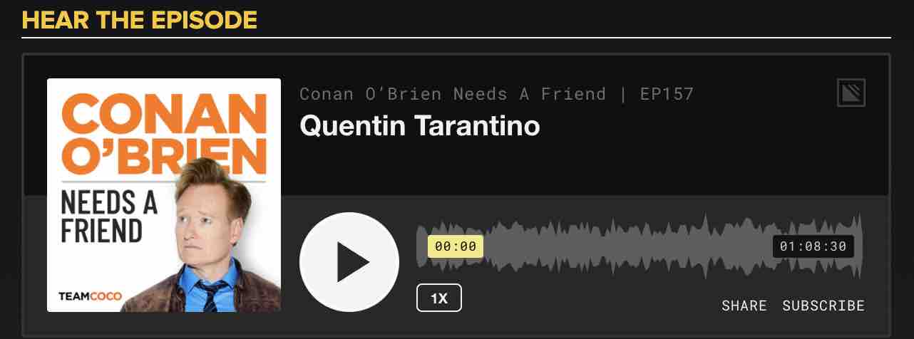An audio player playing an episode of Conan O'Brien's podcast.