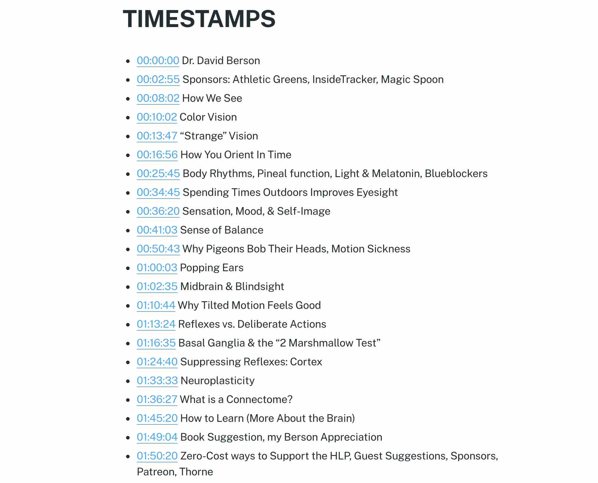 An example of the Huberman Lab's episode timestamps.