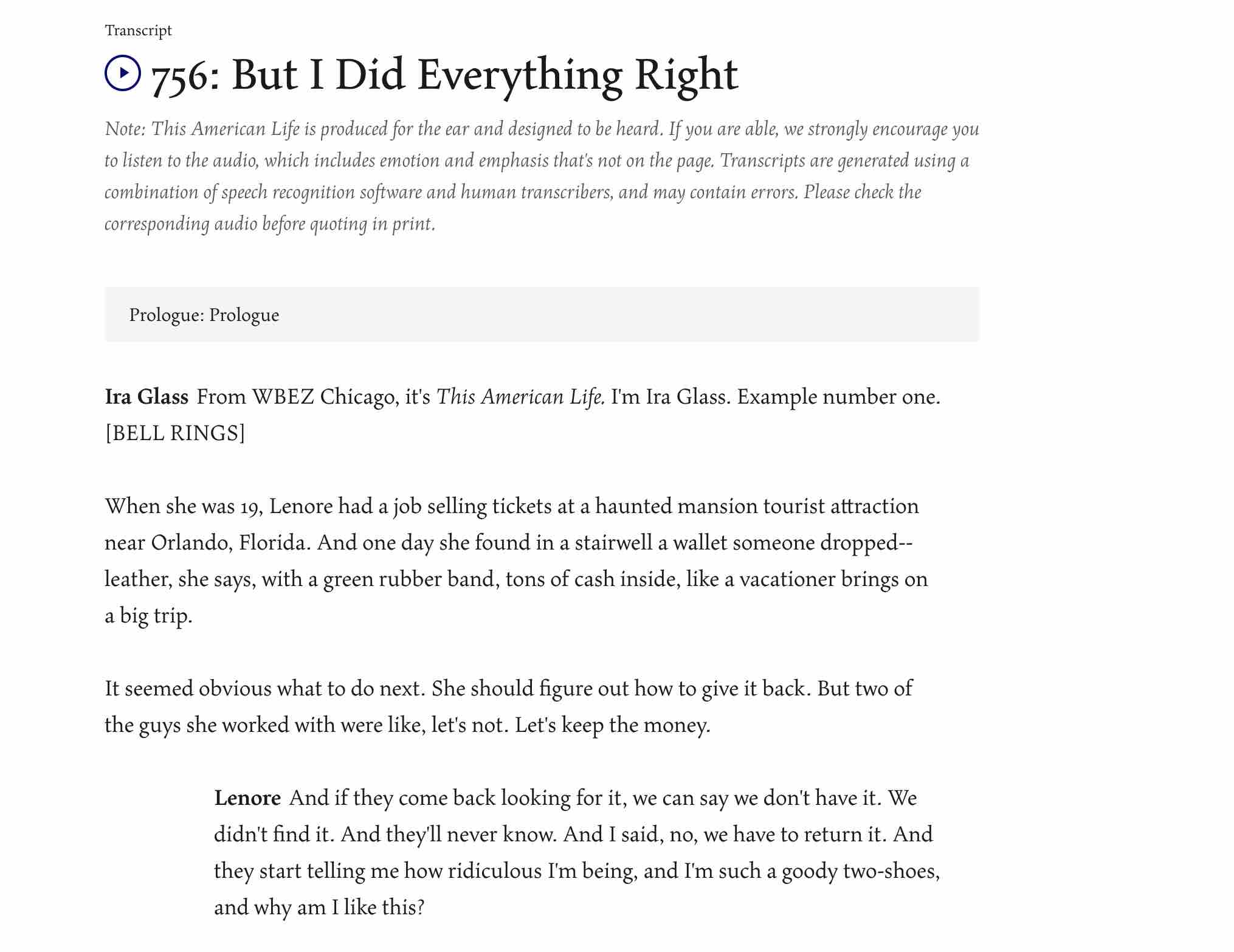An example podcast transcript from This American Life.