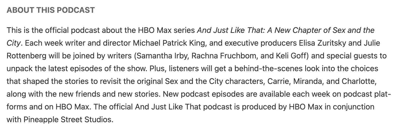 A shot of And Just Like That...The Writers Room's podcast description.