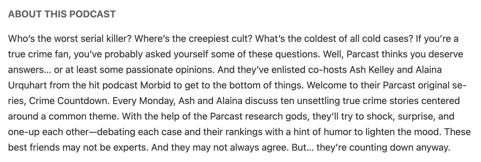 A shot of The Crime Countdown's podcast description.