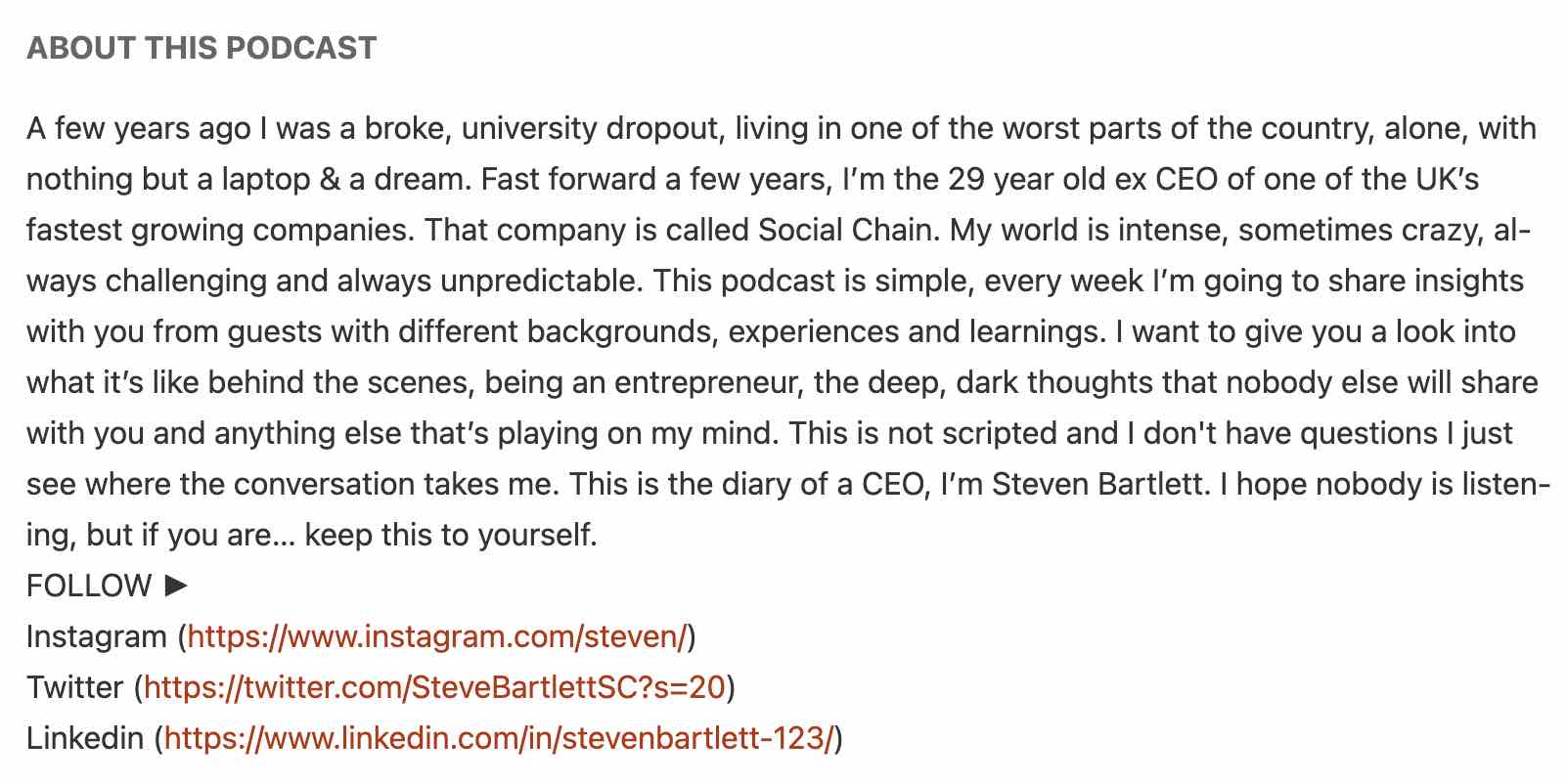 A shot of The Diary of a CEO's podcast description.