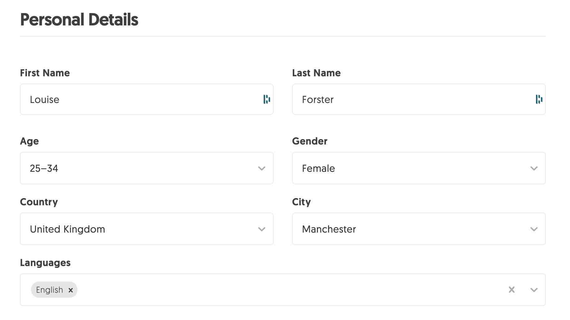 A shot of the Personal Details section on MatchMaker.fm.
