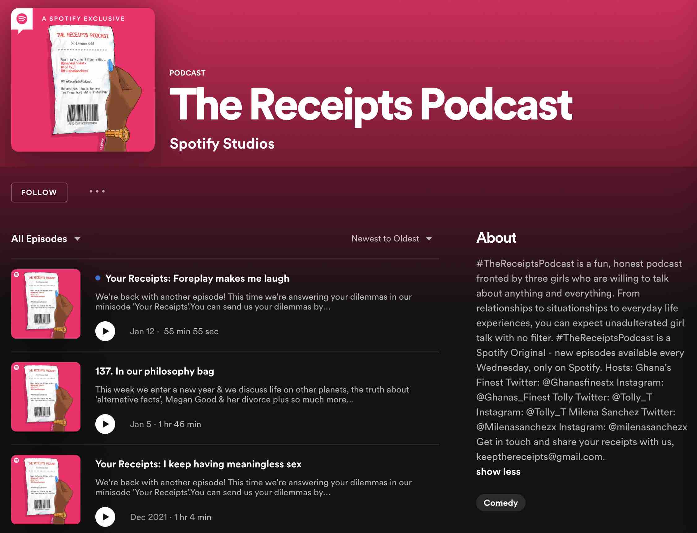 A shot of The Receipts Podcast's show description on Spotify.