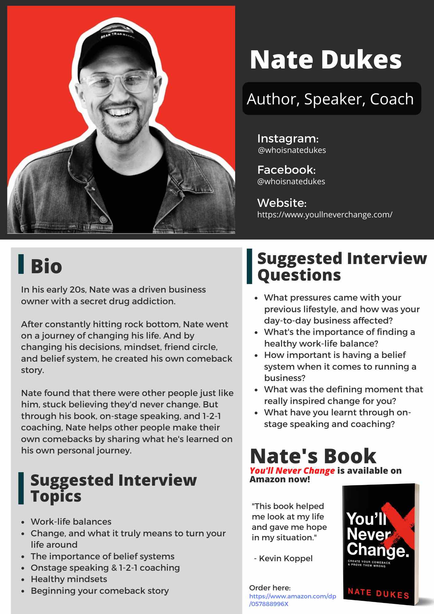 An example podcast one sheet for author and speaker, Nate Dukes.