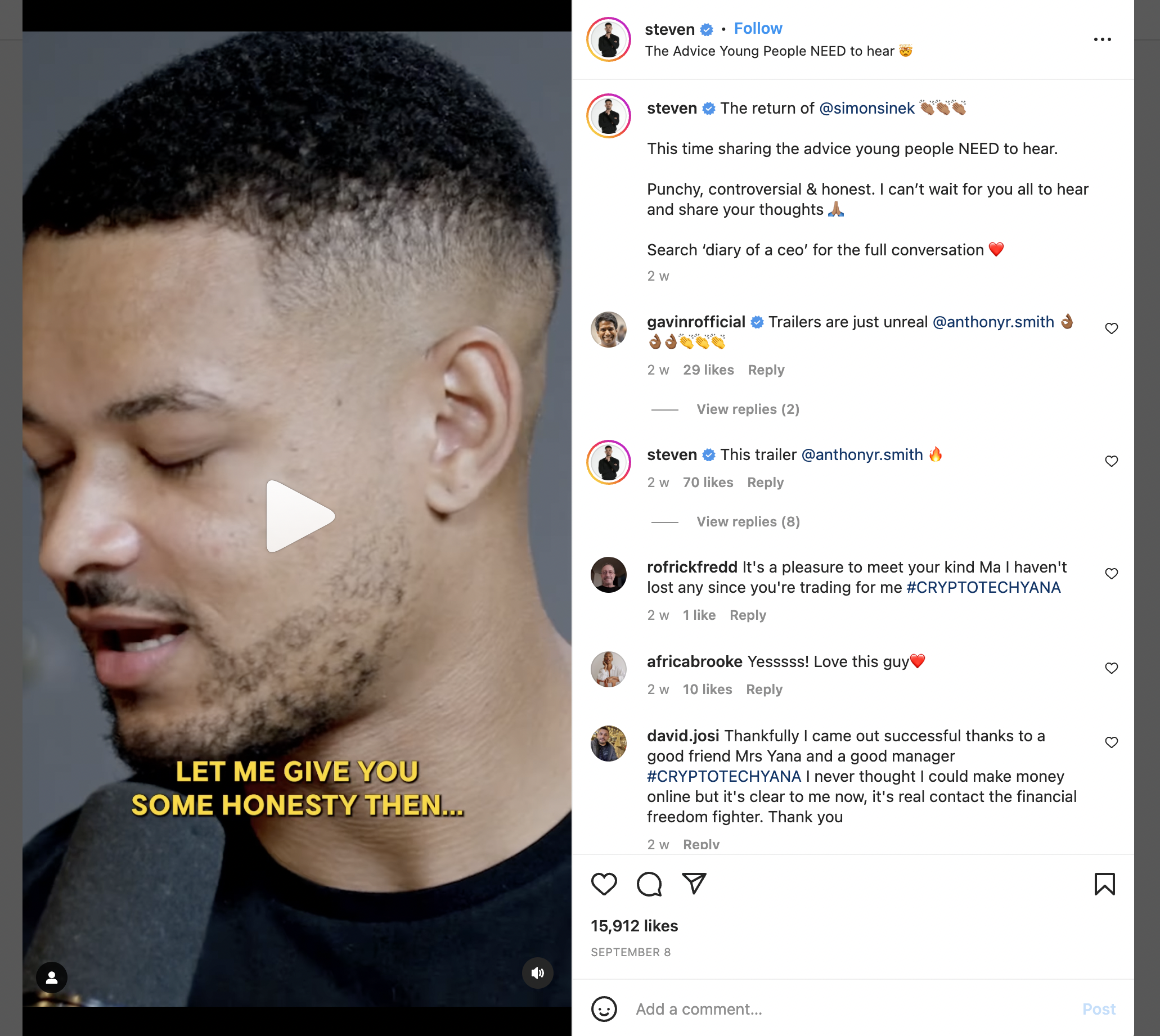 An example of a video podcast being repurposed into a social media post - from Steven Bartlett's The Diary of a CEO podcast.