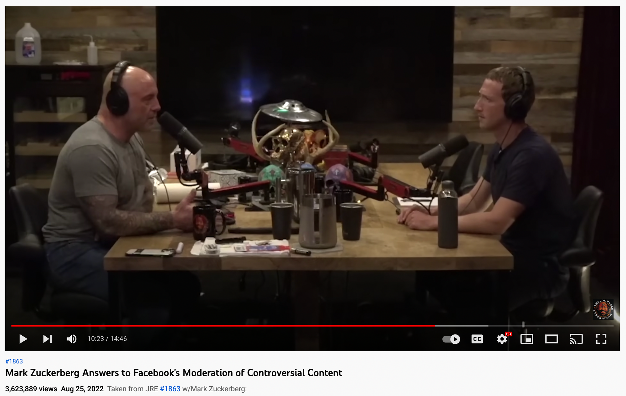 A shot of Joe Rogan and Mark Zuckerberg recording in the JRE studio.