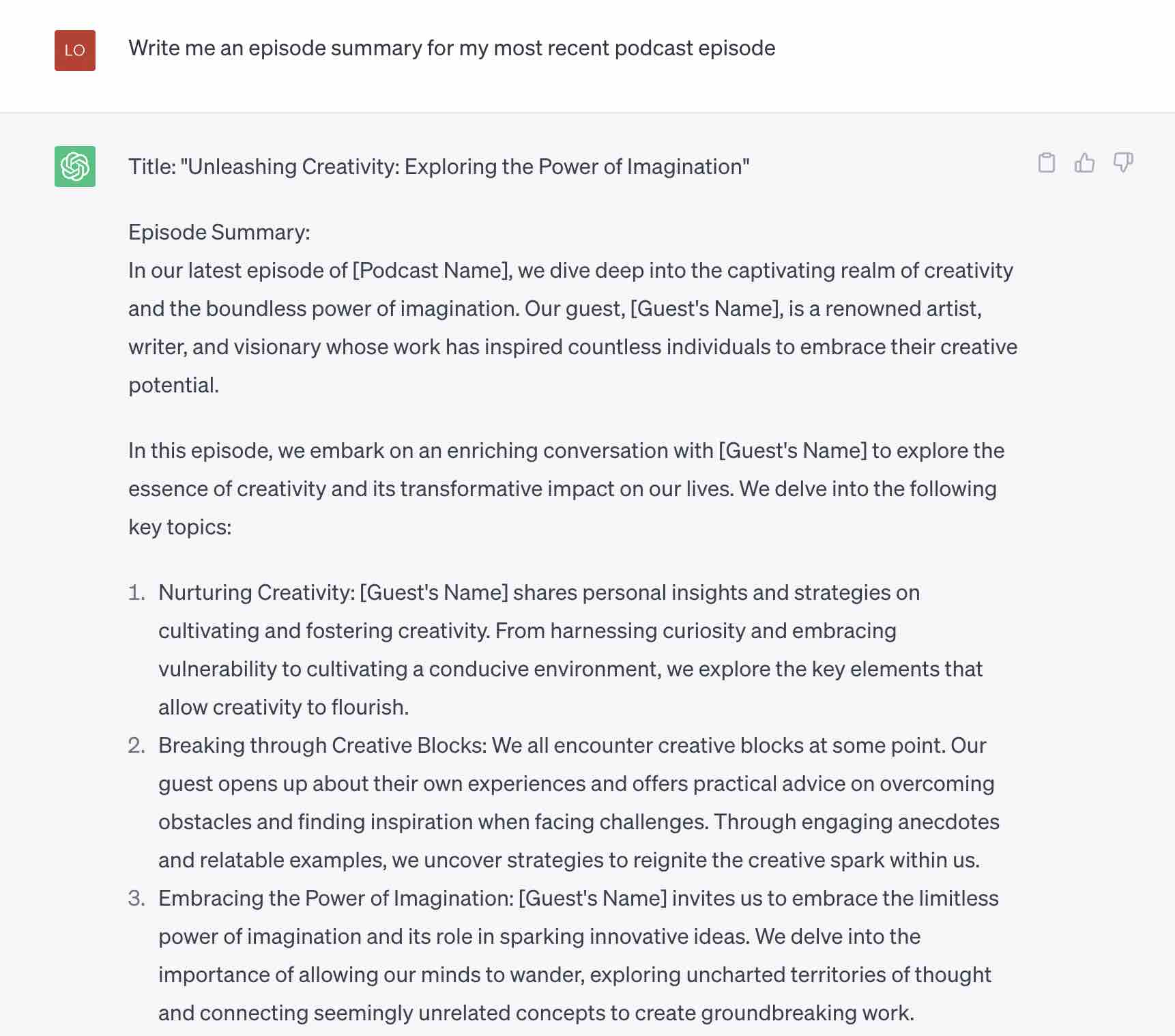 ChatGPT giving an example episode summary for a podcast episode.