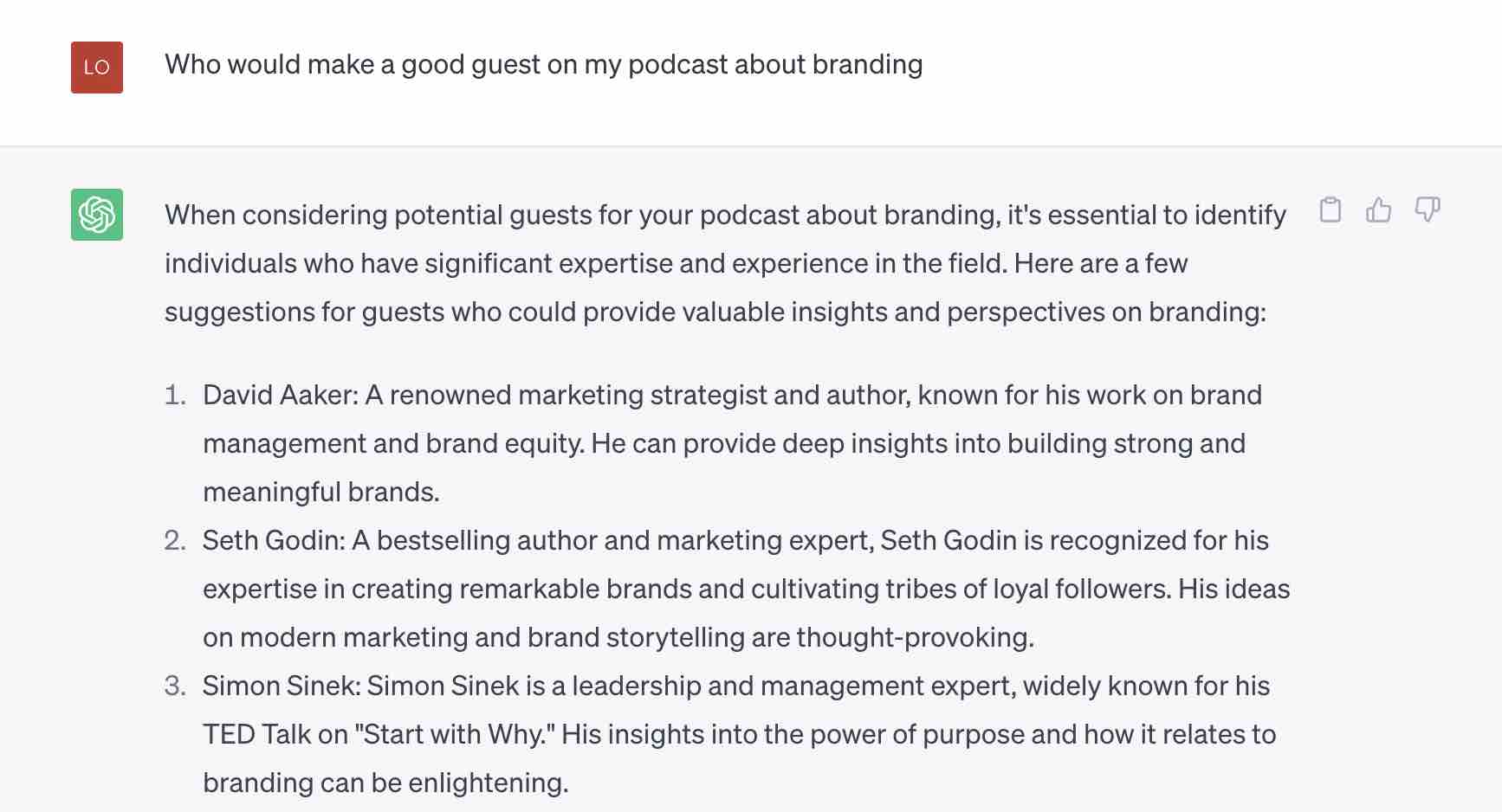 ChatGPT giving podcast guest suggestions.