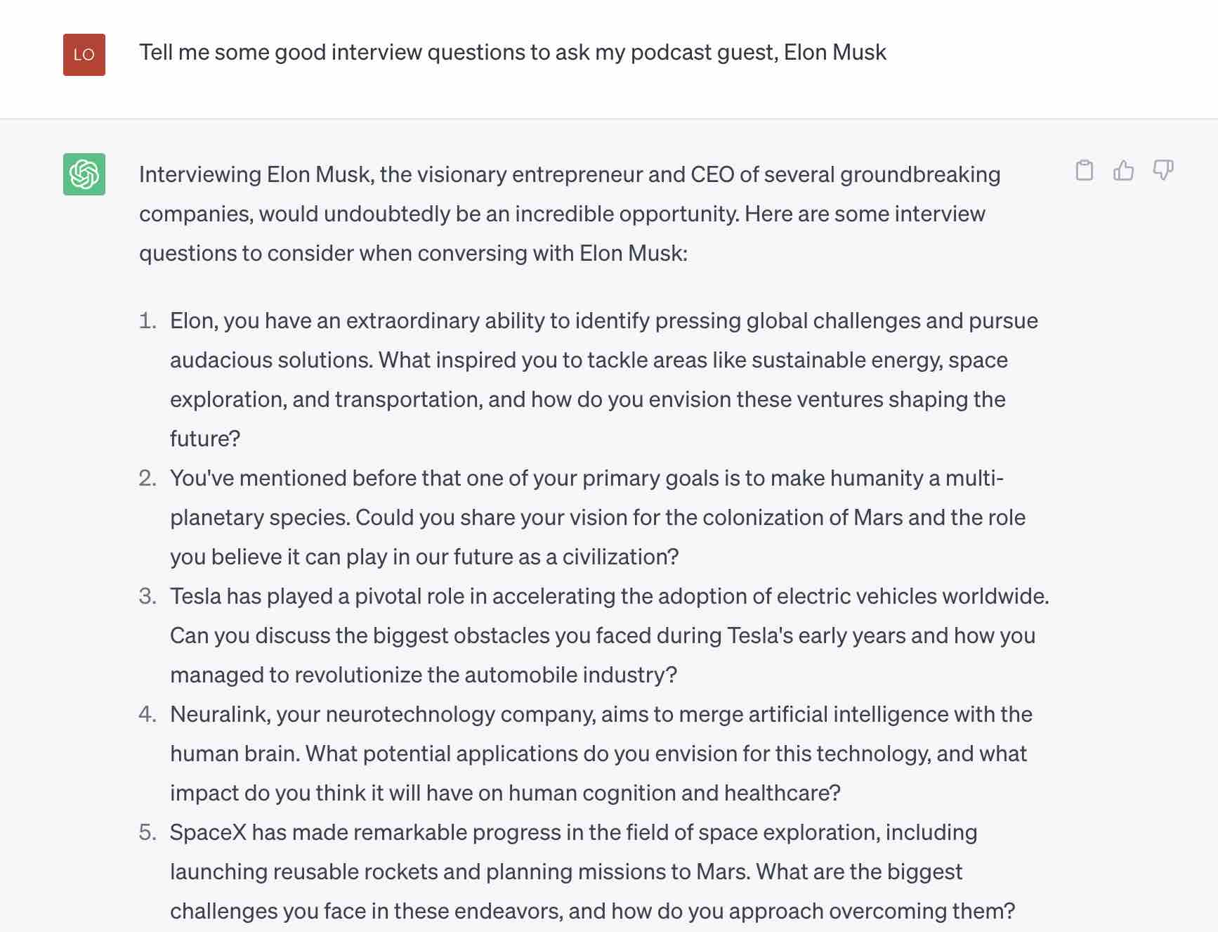 ChatGPT giving five examples of good podcast interview questions.