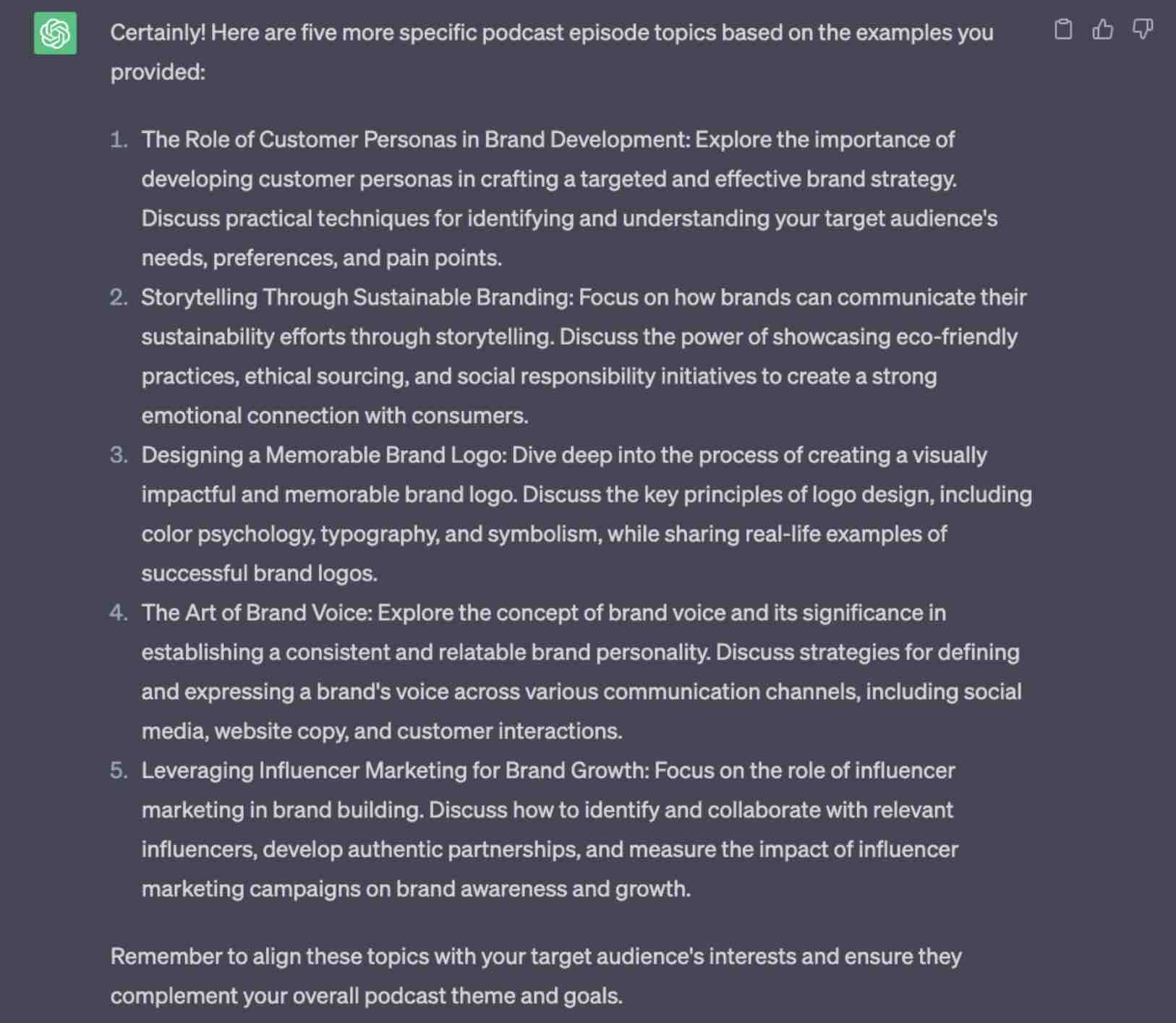 ChatGPT's giving five podcast episode topic suggestions.