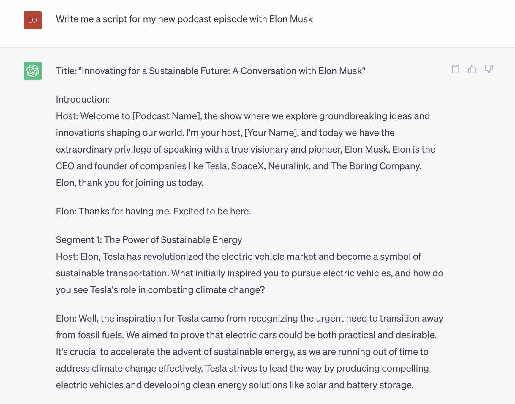 ChatGPT giving an example podcast script for an episode featuring Elon Musk.
