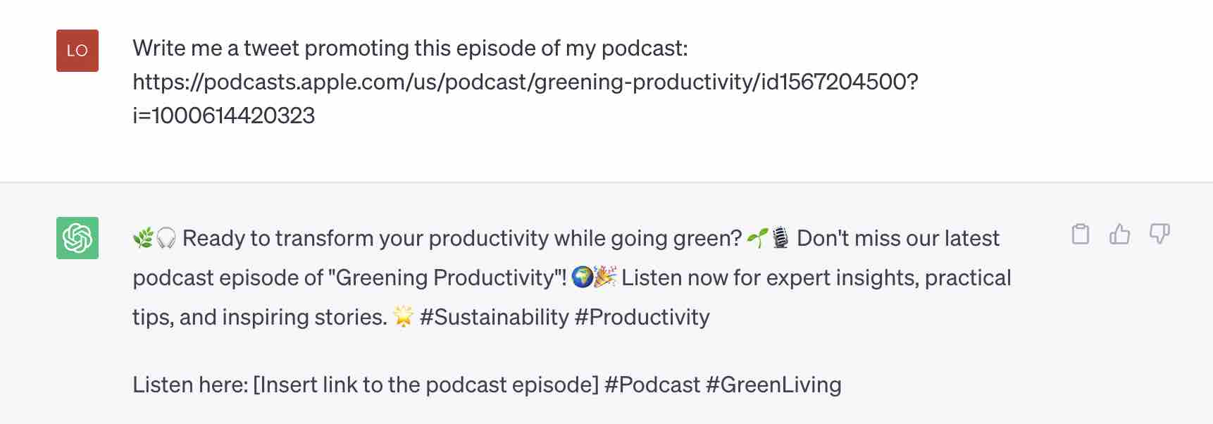 ChatGPT writing a tweet to promote a podcast episode.