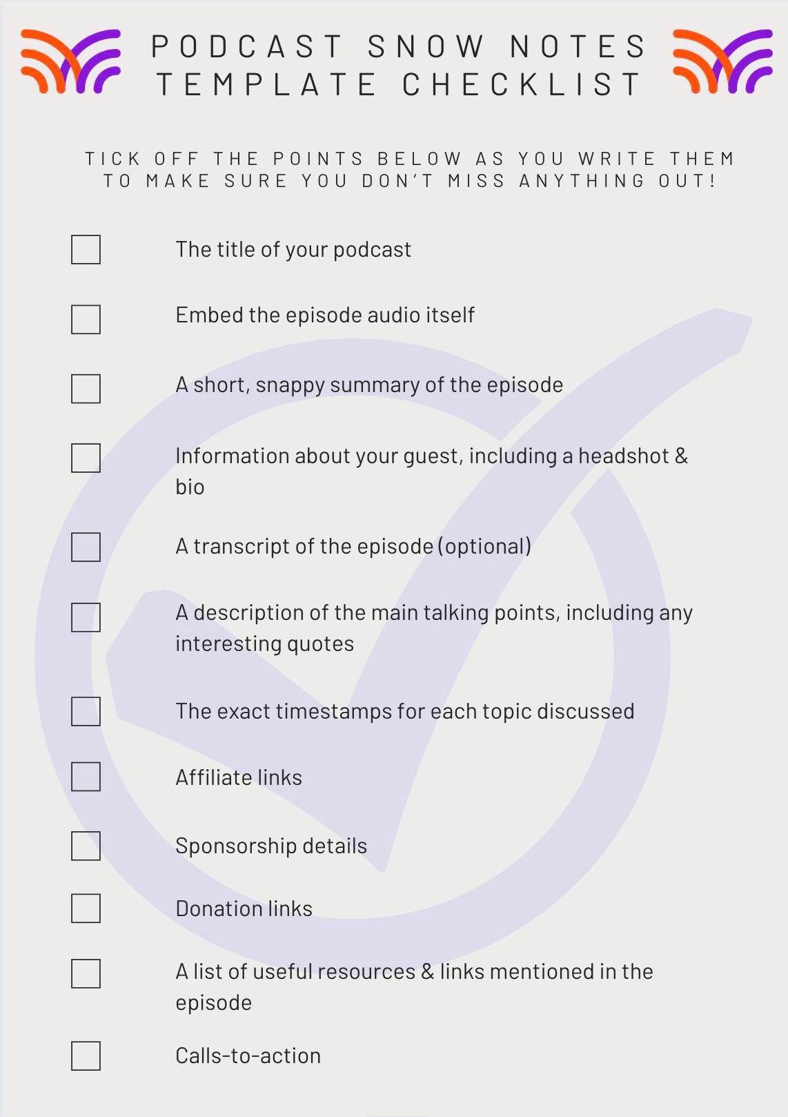 A podcast show notes checklist.