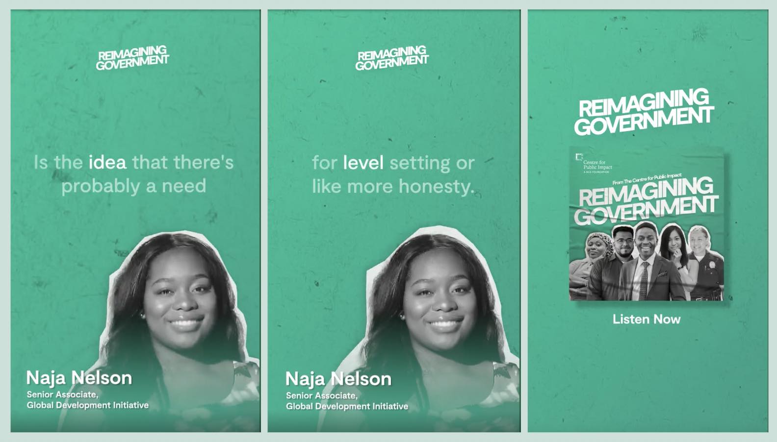 Three stills taken from an audiogram promoting CPI's Reimagining Government podcast.