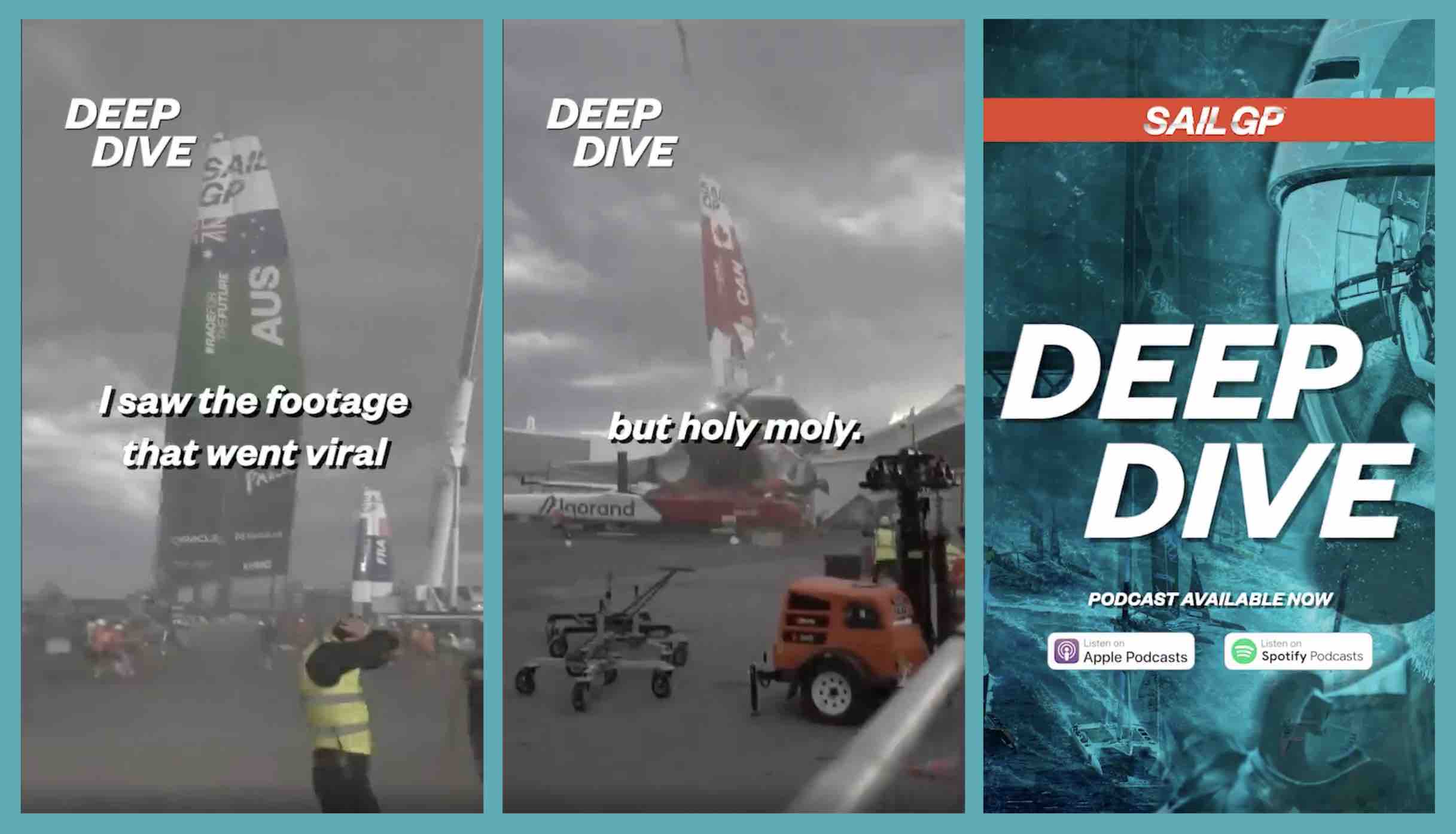 Three stills taken from an audiogram promoting SailGP's Deep Dive podcast.