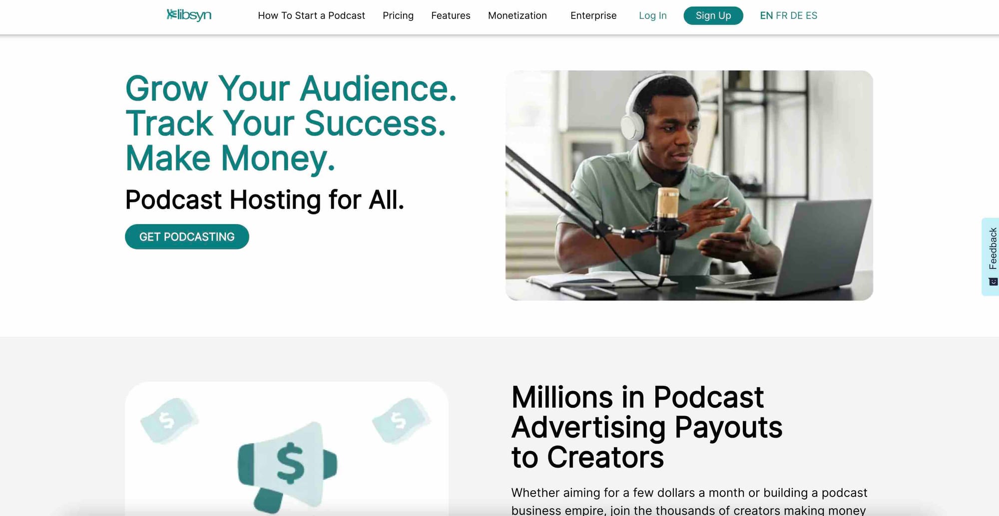 A shot of Libsyn's website homepage.