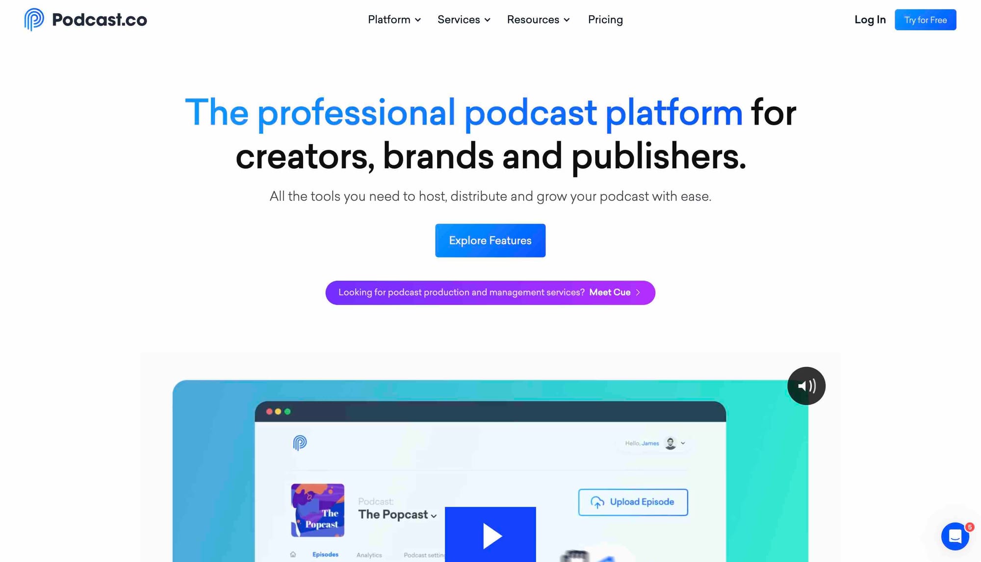 A shot of Podcast.co's website homepage.