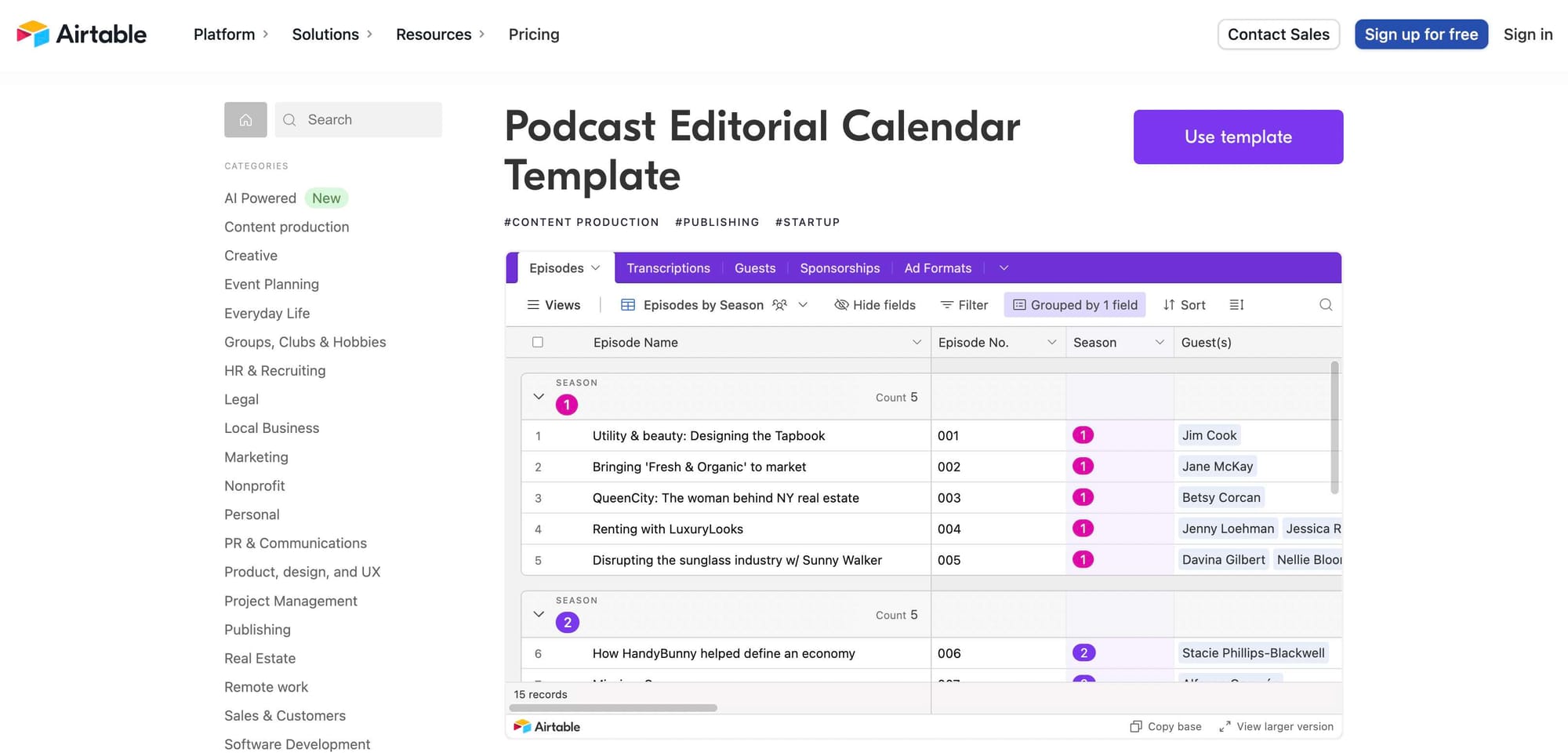Airtable's Podcast Editorial Calendar template