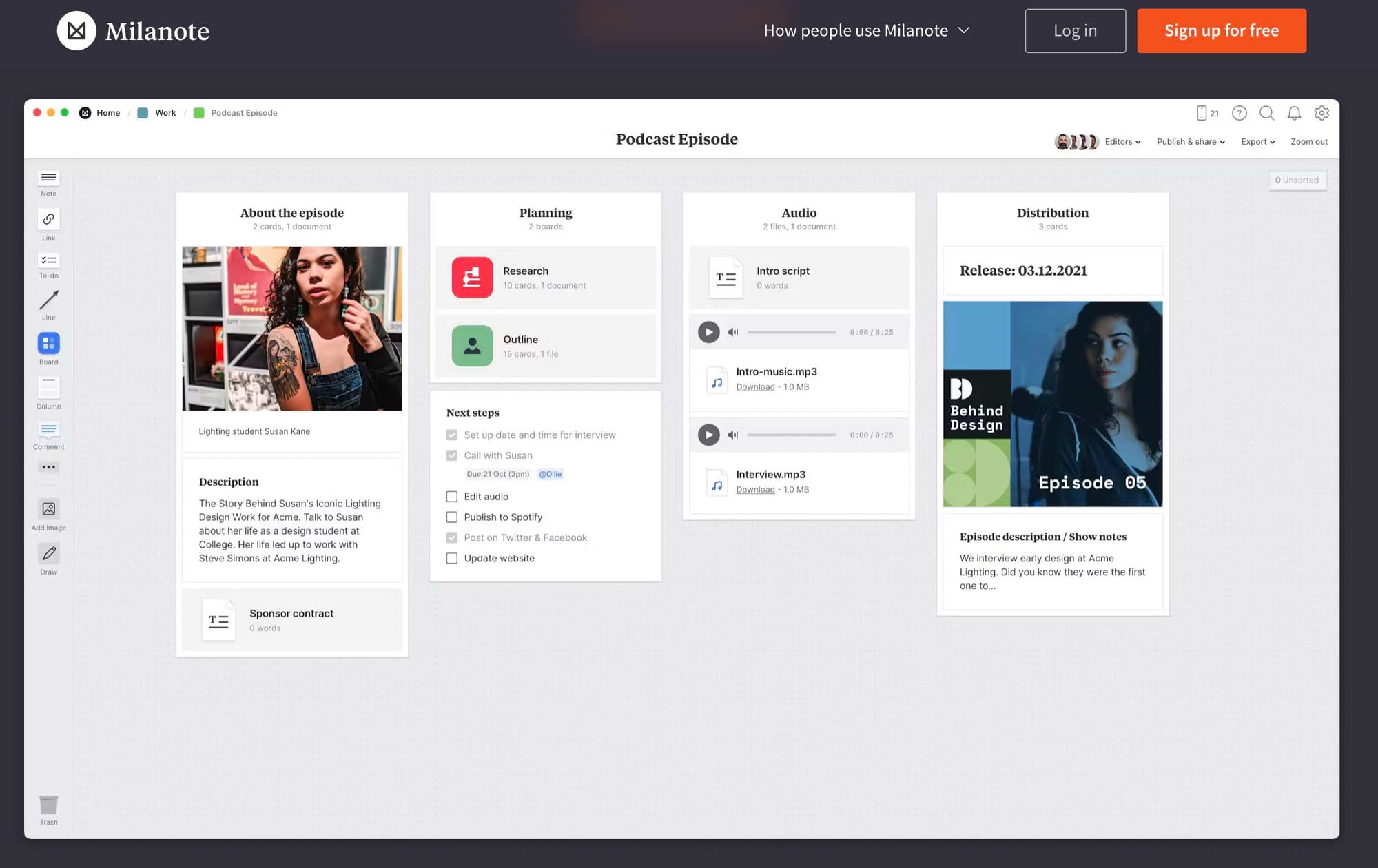 Milanote's Podcast Episode Plan template