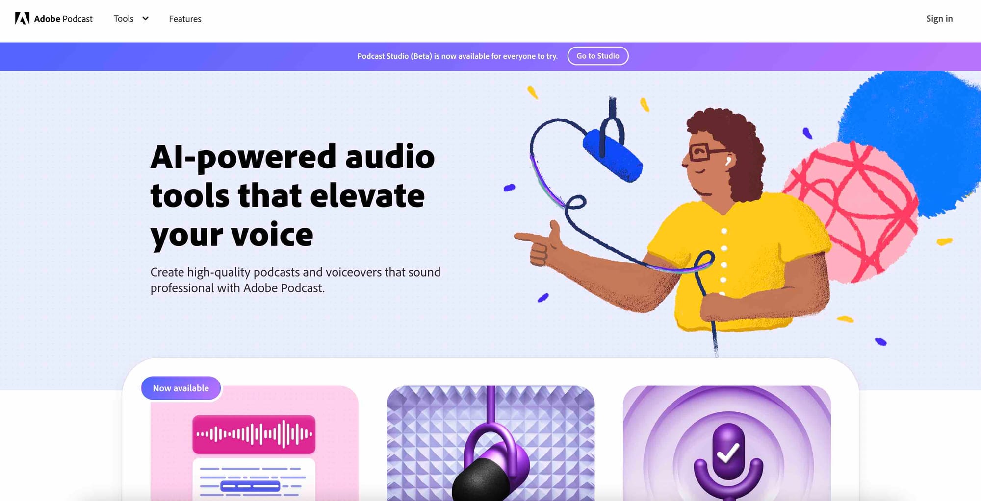 AI tool Adobe Podcast's website homepage.