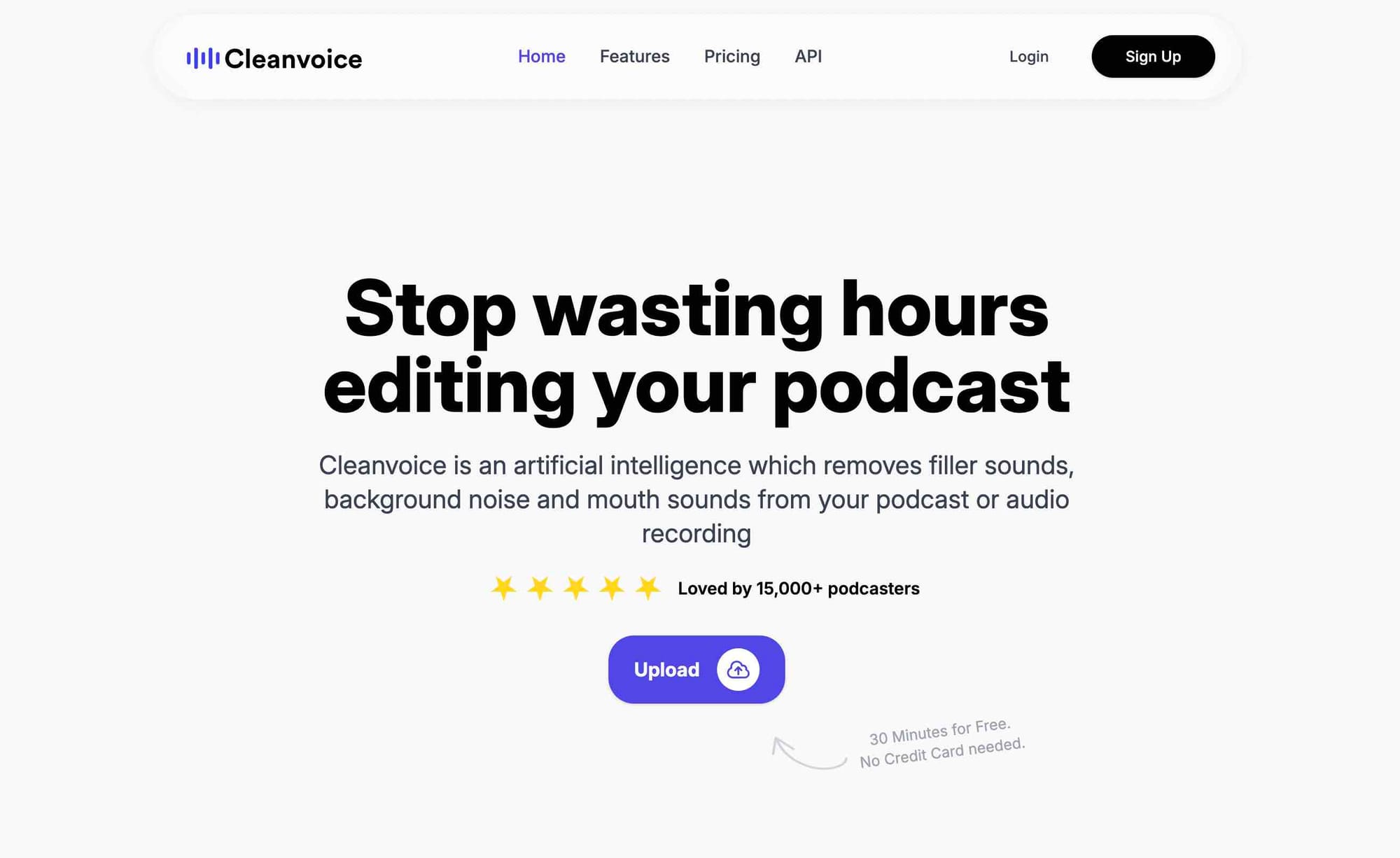 AI tool Cleanvoice's website homepage.