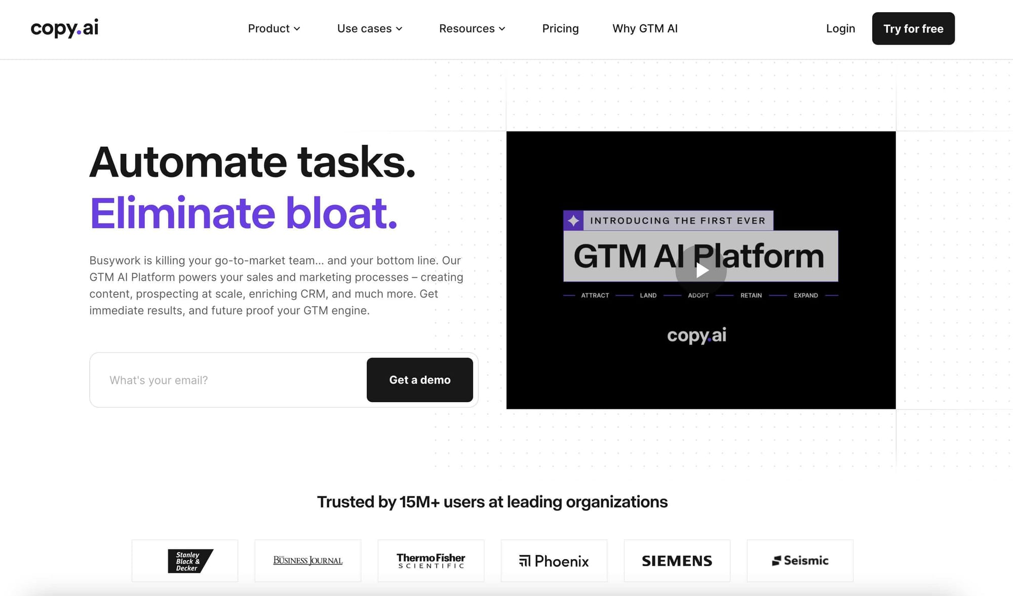 AI tool Copy.ai's website homepage.