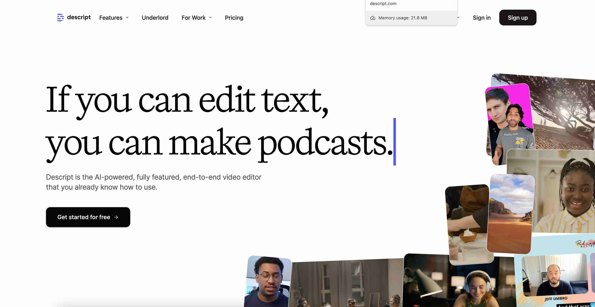 AI tool Descript's website homepage.