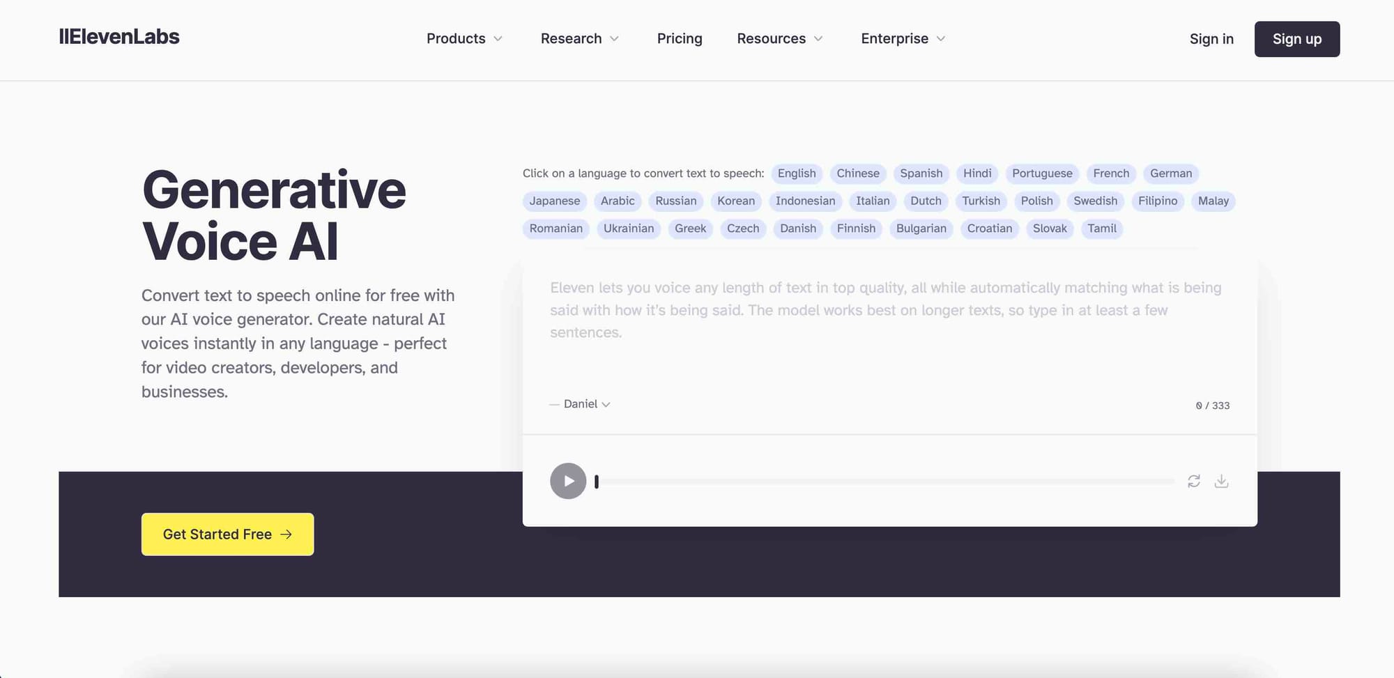 AI tool ElevenLabs' website homepage.