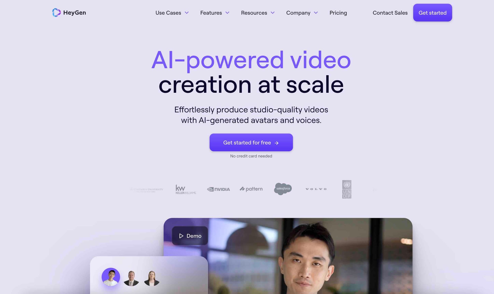 AI tool HeyGen's website homepage.