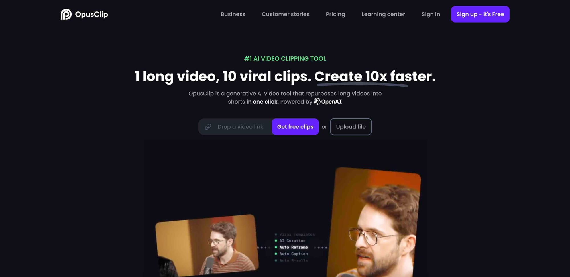 AI tool Opus Clip's website homepage.