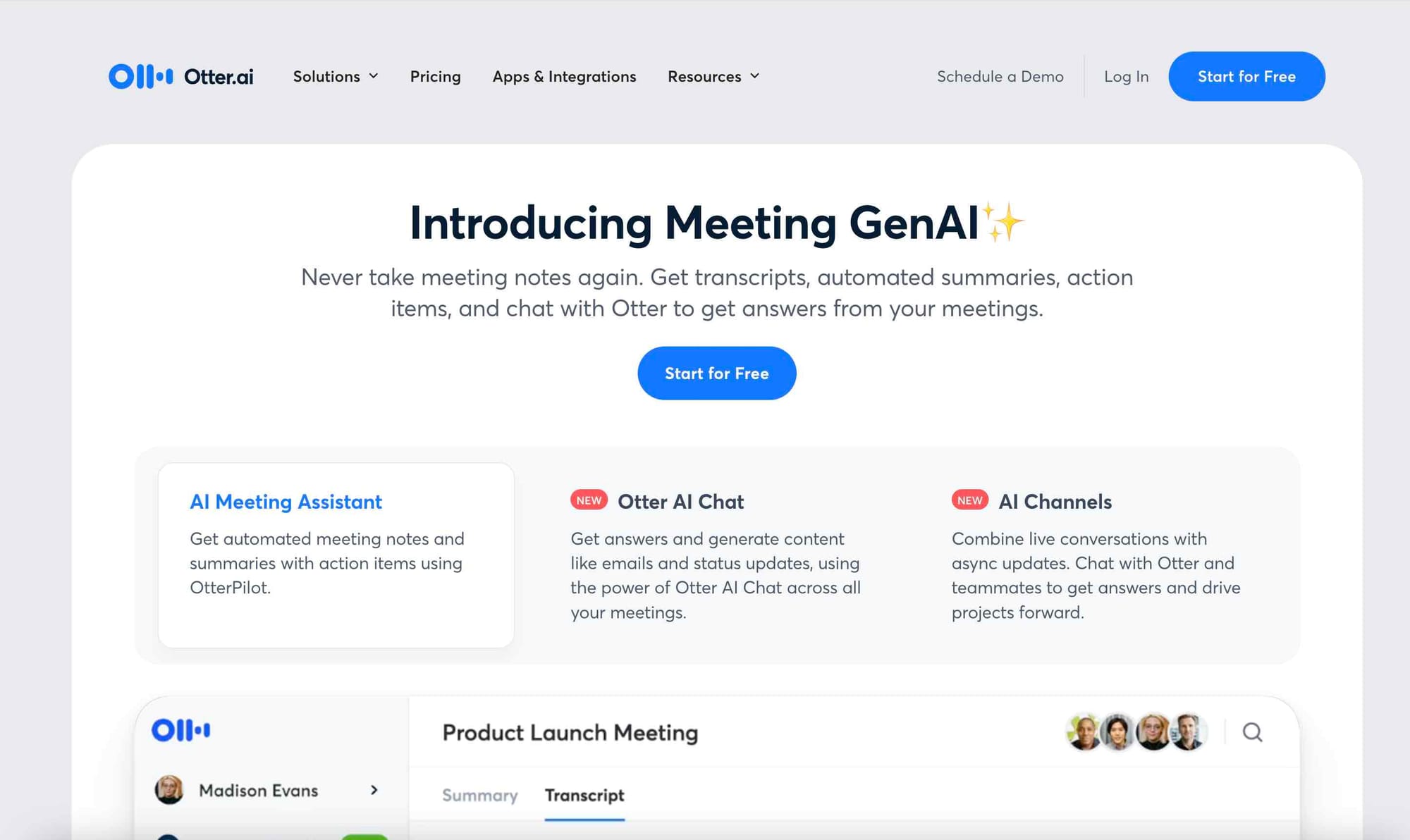 AI tool Otter.ai's website homepage.