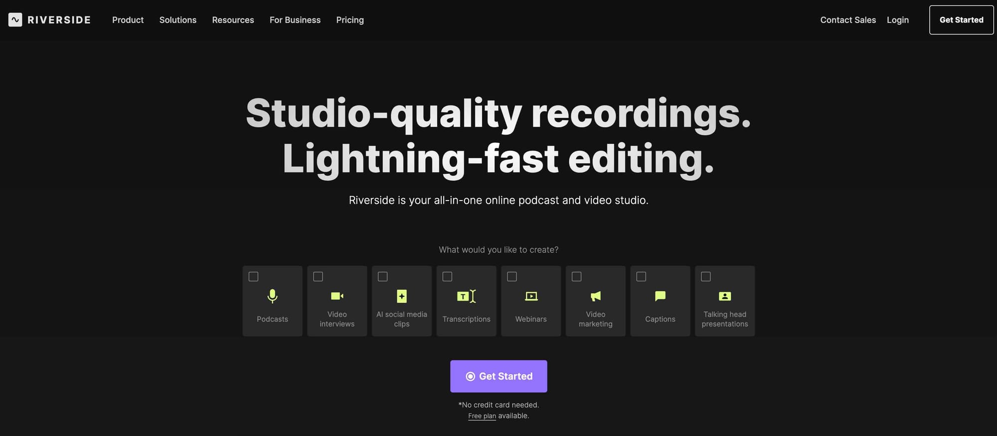 AI tool Riverside.fm's website homepage.