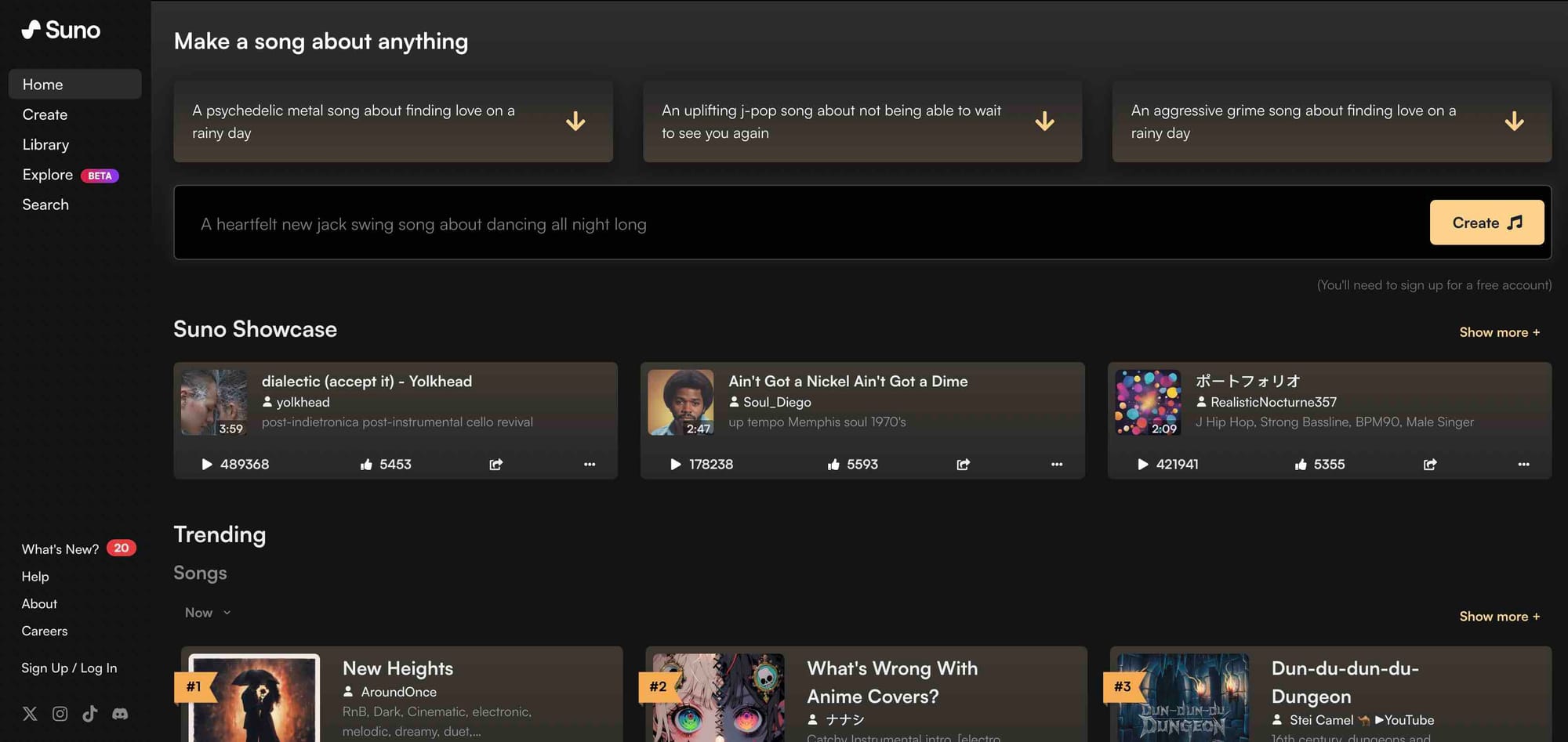 AI tool Suno's website homepage.
