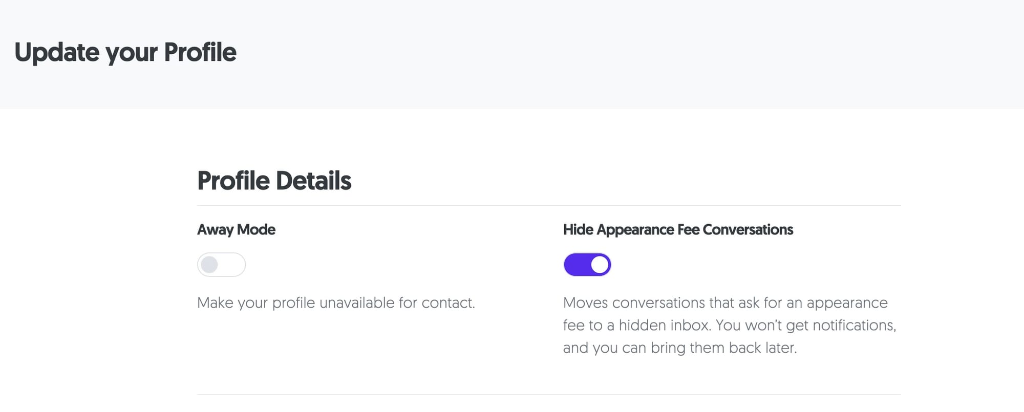 Screenshot of how to update your profile details to hide appearance fee conversations.