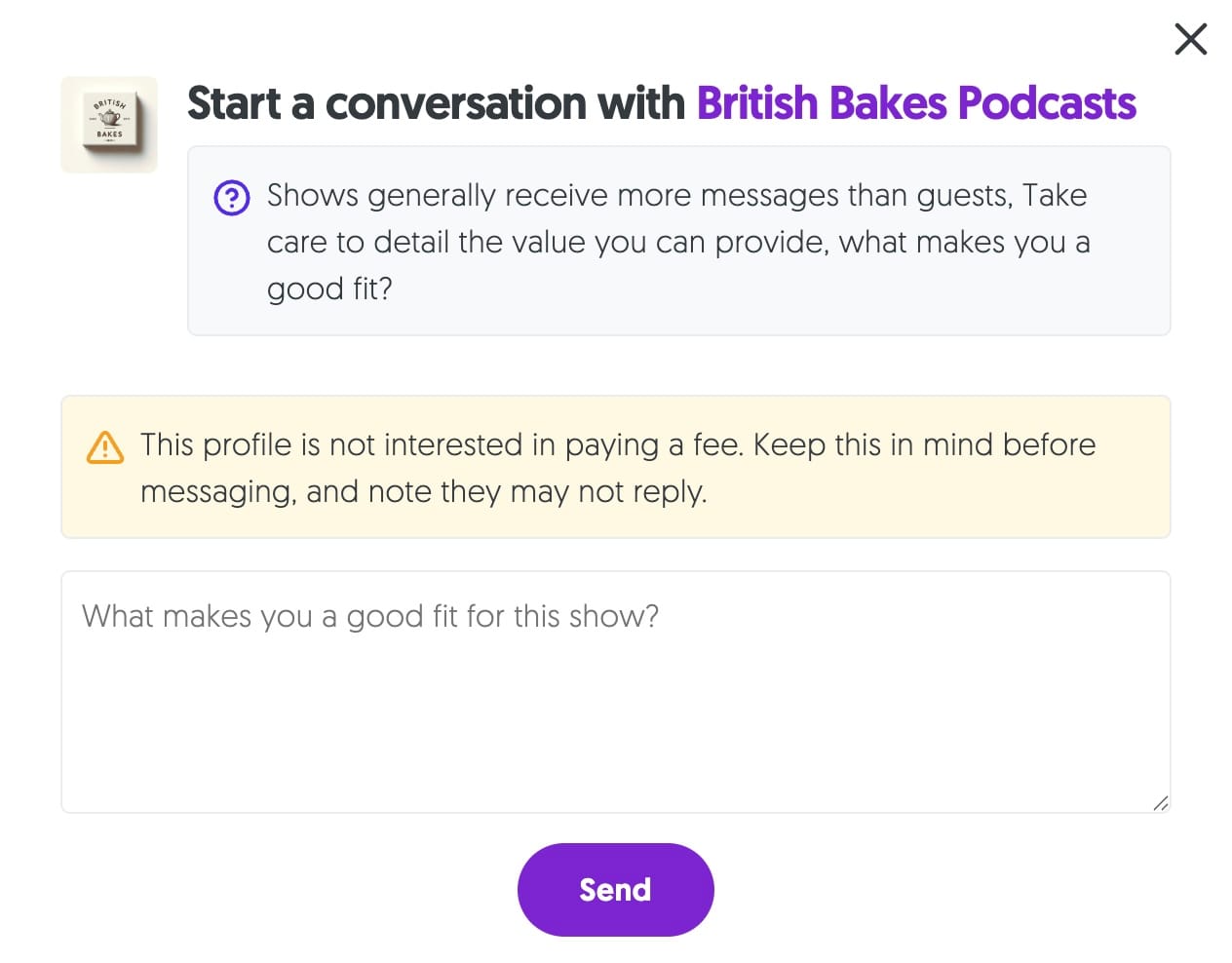 Screenshot displaying warning regarding paying a fee preference before sending a message to guest.