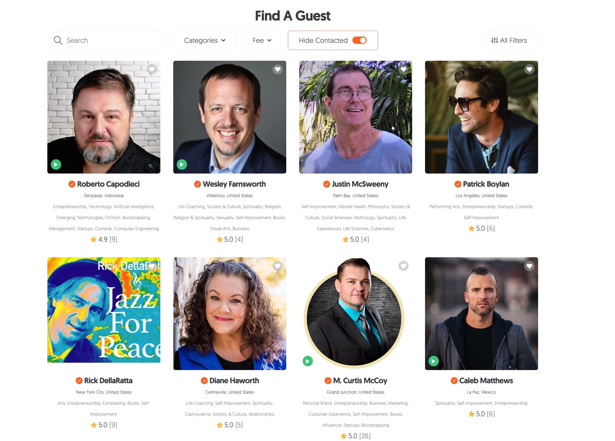 A screenshot of the Find A Guest search results page on MatchMaker.fm, showing a grid of eight diverse expert profiles. Each profile includes a headshot, name, location, a list of professional tags such as Entrepreneurship, Technology, and Self-Improvement, and a star rating with the number of reviews. The interface features search and category filters at the top.