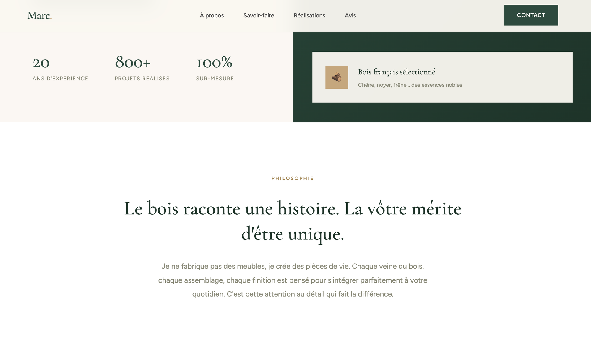 Exemple de site internet professionnel pour un artisan menuisier avec ses réalisations et avis clients