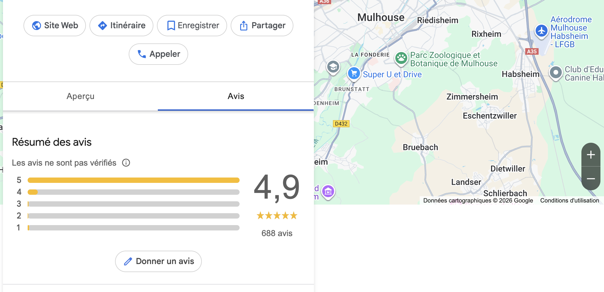 Fiche Google Business affichant une note de 4,9 étoiles avec 688 avis clients