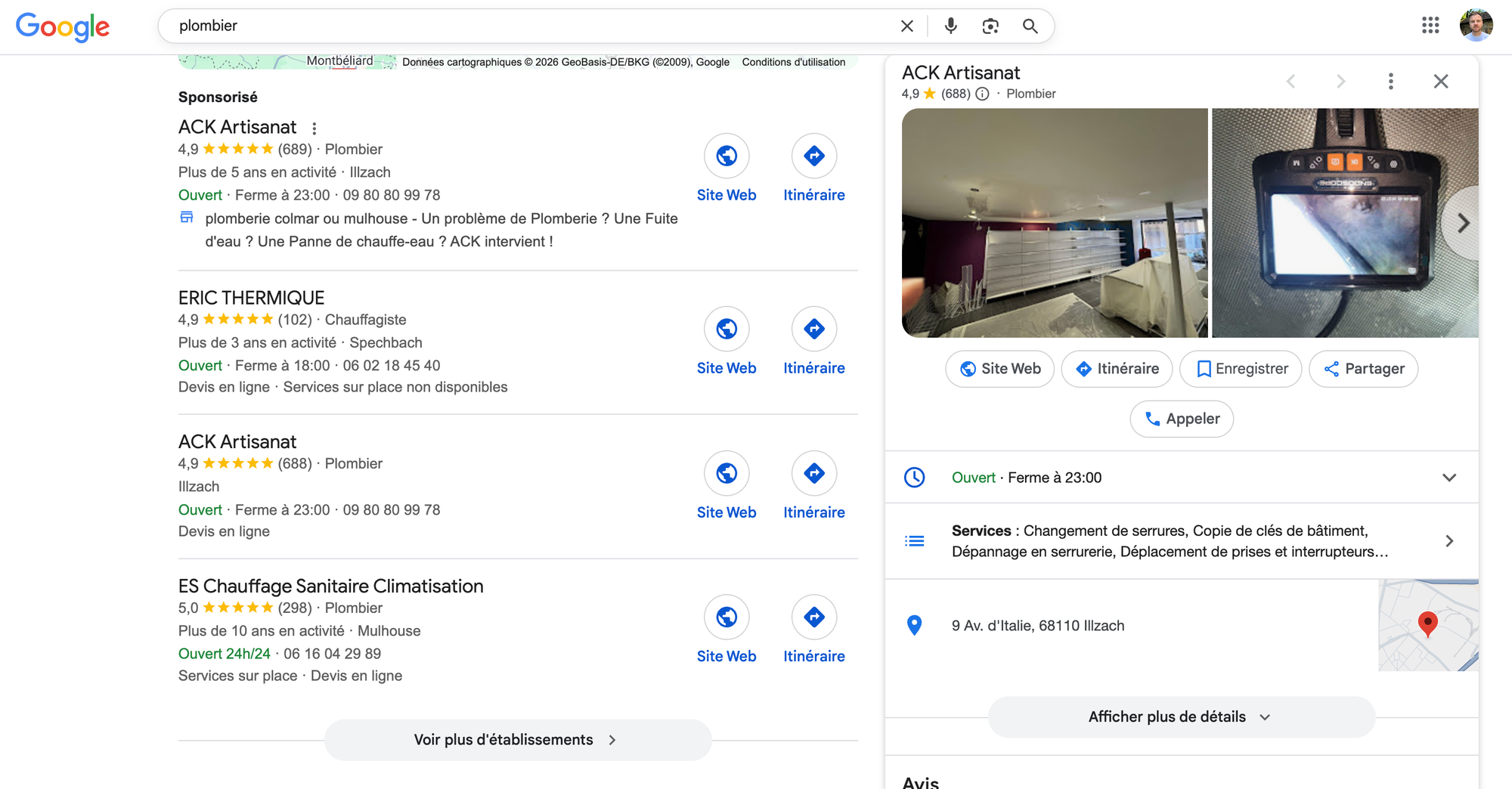 Résultats de recherche Google Maps pour trouver un artisan plombier près de chez soi