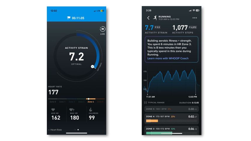 screenshots during and after a Whoop running activity